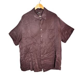 Murano 100% Silk Mens 2XL Brown Bronze Button Up Shirt Short Sleeve Casual Camp